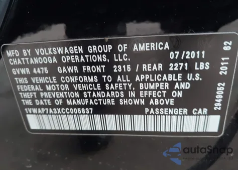 2012 Volkswagen Passat 2.5L S from USA, damaged, VIN 1VWAP7A3XCC005837